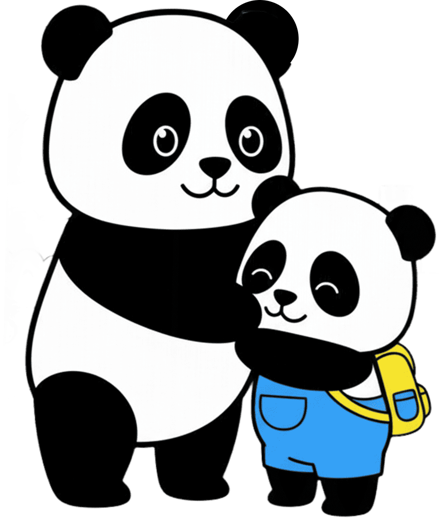 Dos pandas, uno de ellos preparado para ir a la escuela